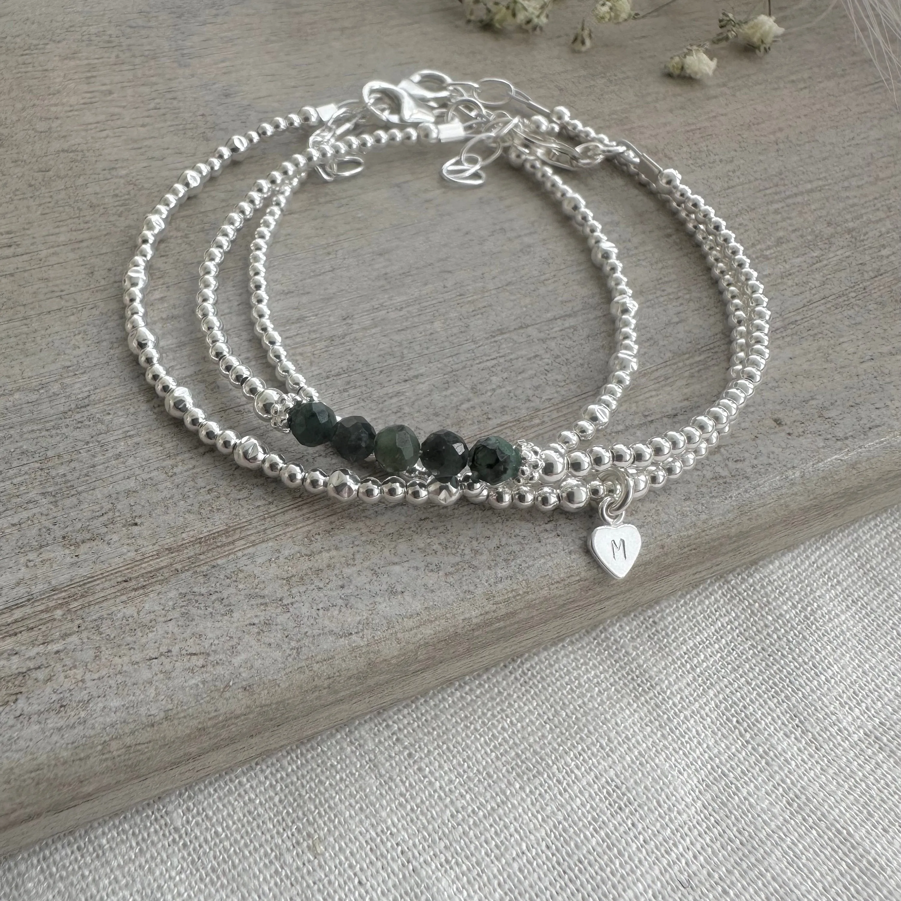 Personalised May Birthstone Emerald Bracelet Set, Dainty Sterling Silver Stacking Bracelets for Women