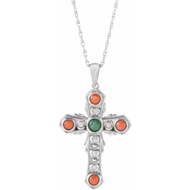 Platinum 14k Yellow Rose White Gold Genuine Jade Opal Coral Cross Pendant Charm Necklace