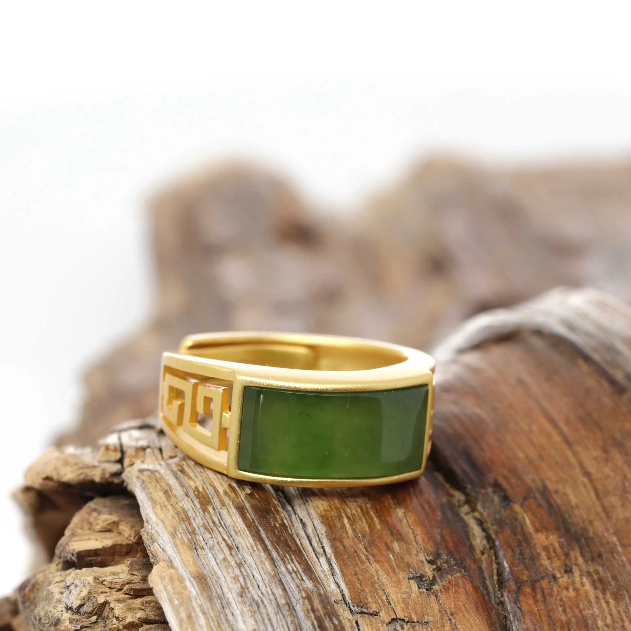 RealJade® "Classic Signet" Gold Plated Sterling Silver Real Green Jade Classic Men's Ring