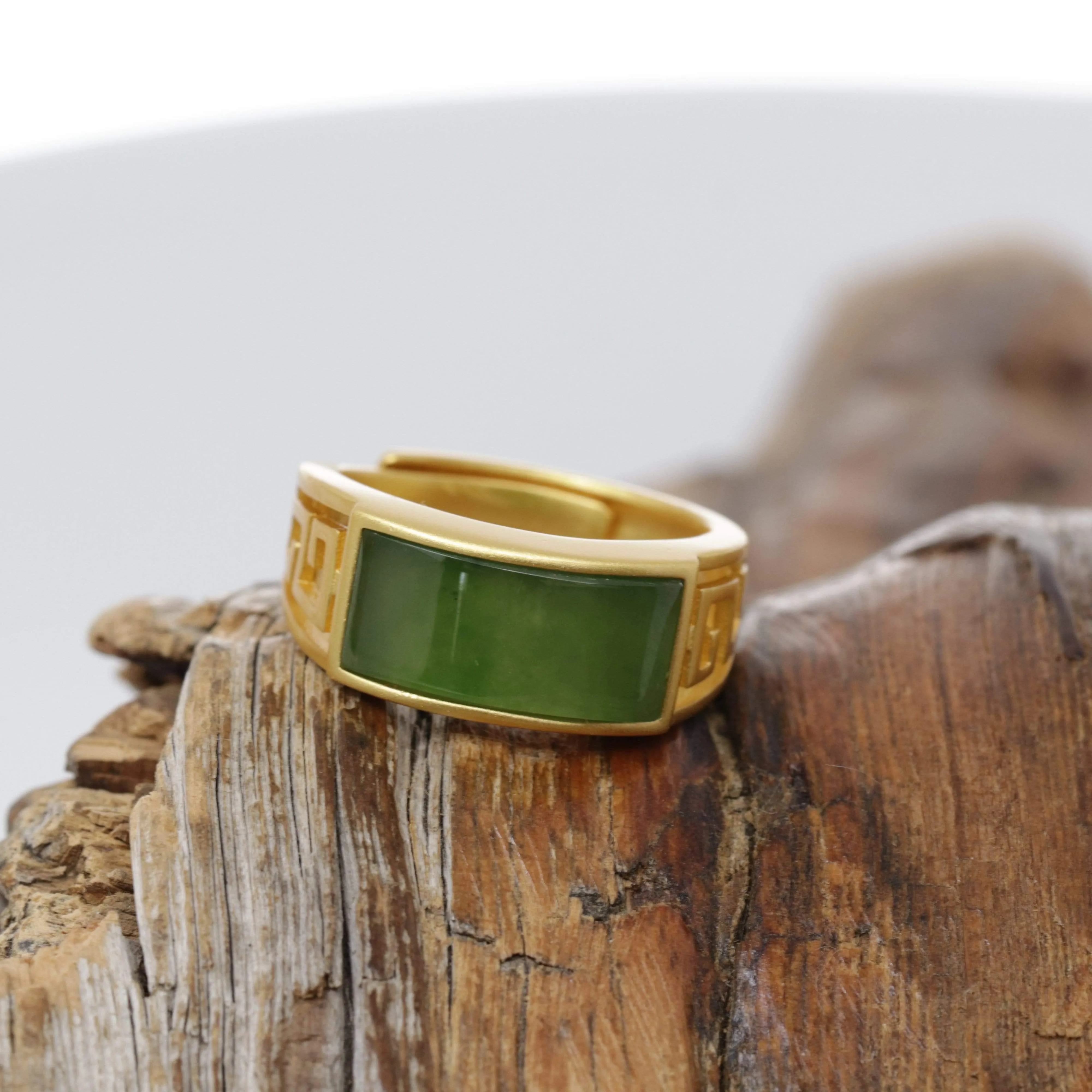 RealJade® "Classic Signet" Gold Plated Sterling Silver Real Green Jade Classic Men's Ring