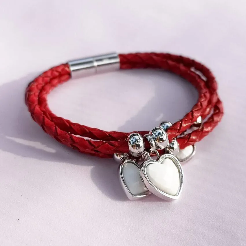 Red Leather Bracelet Sterling Silver White Onyx
