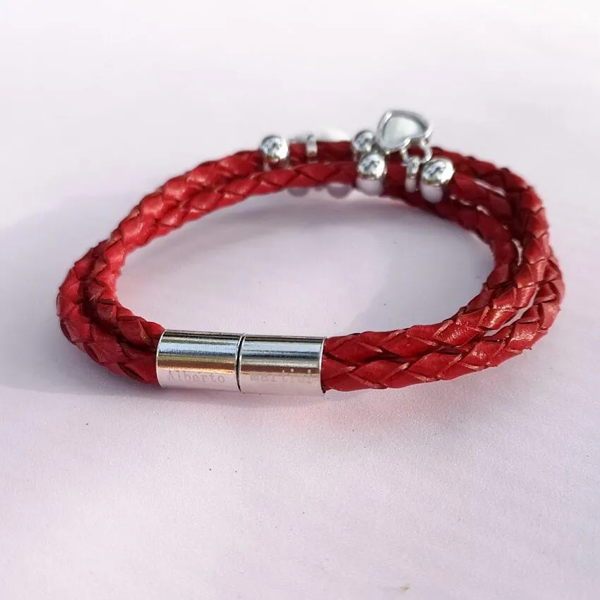 Red Leather Bracelet Sterling Silver White Onyx
