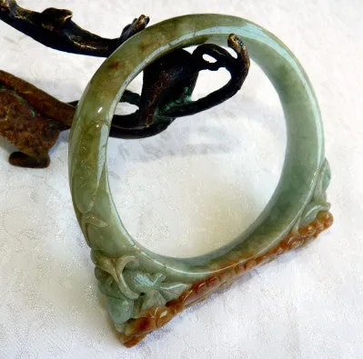 Sale-Vintage "Old Mine" Burmese Jadeite Oval Carved Bangle Bracelet Fits Like 58 mm (JHBB3011)