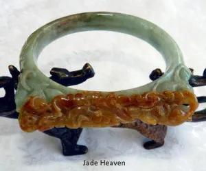 Sale-Vintage "Old Mine" Burmese Jadeite Oval Carved Bangle Bracelet Fits Like 58 mm (JHBB3011)