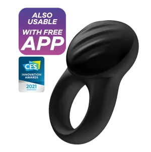 Satisfyer Signet Ring Rechargeable App Enabled Couple's Grooved Vibrating Penis Ring Black