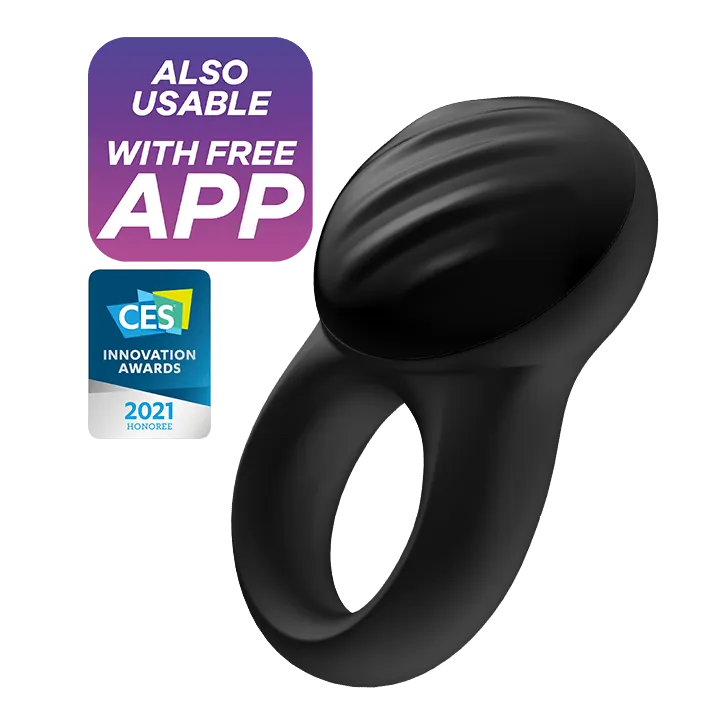 Satisfyer Signet Ring Rechargeable App Enabled Couple's Grooved Vibrating Penis Ring Black
