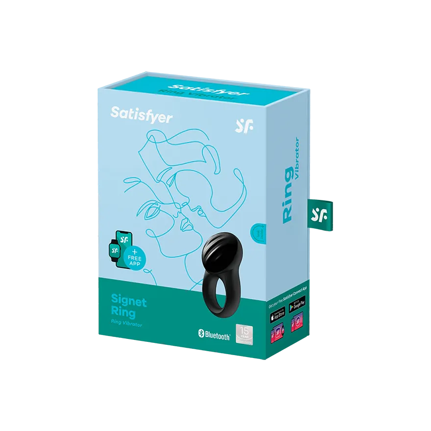 Satisfyer Signet Ring Rechargeable App Enabled Couple's Grooved Vibrating Penis Ring Black