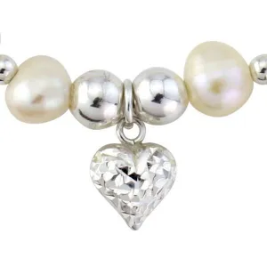 Silver and white pearl heart bracelet