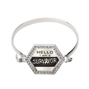 Silver Hello, I Am A Survivor! Pearl Ribbon Hexagon Charm Bangle Bracelet