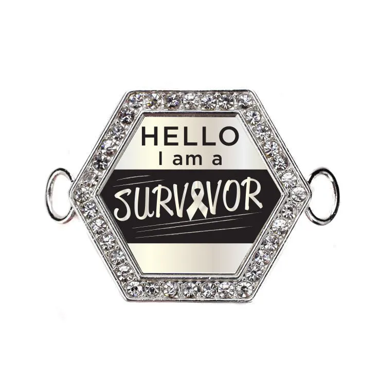 Silver Hello, I Am A Survivor! Pearl Ribbon Hexagon Charm Bangle Bracelet
