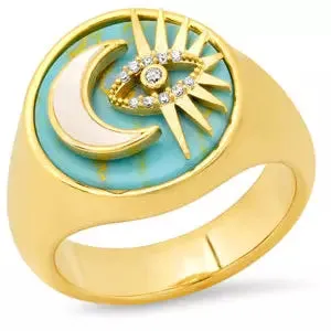 TAI GOLD CELESTIAL TURQUOISE AND CZ  SIGNET RING
