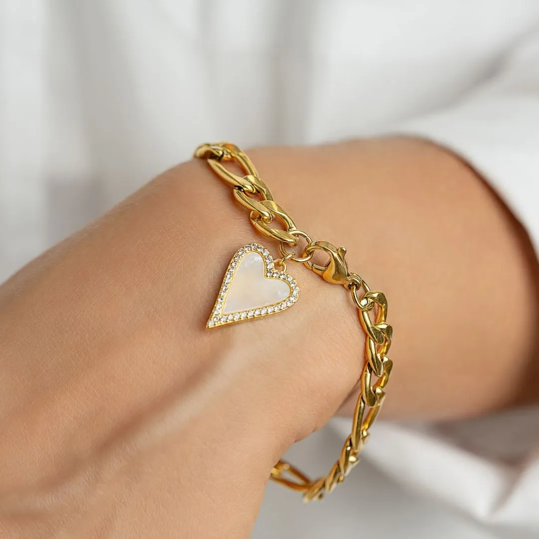 Tarnish Resistant 14k Gold Plated Figaro Bracelet With Crystal Halo Mother-of-Pearl Heart