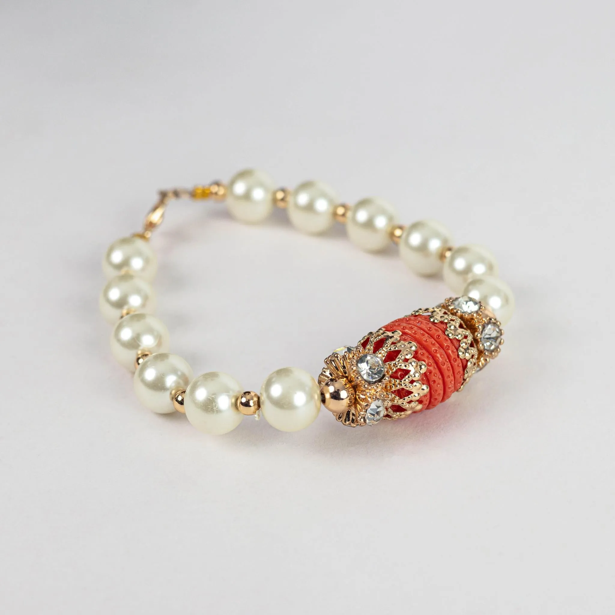 Three-Strand Choker Pearl Women Set with Coral Accents