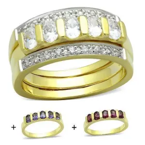 Tri-Color Splendor: Gold Sterling Silver Ring Set with Multicolor CZ, Stackable CZ Rings, Fashionable Multi-Ring