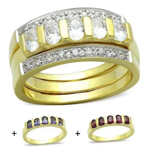 Tri-Color Splendor: Gold Sterling Silver Ring Set with Multicolor CZ, Stackable CZ Rings, Fashionable Multi-Ring