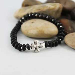 Unisex Black Onyx Disc Beaded Cross Bracelet