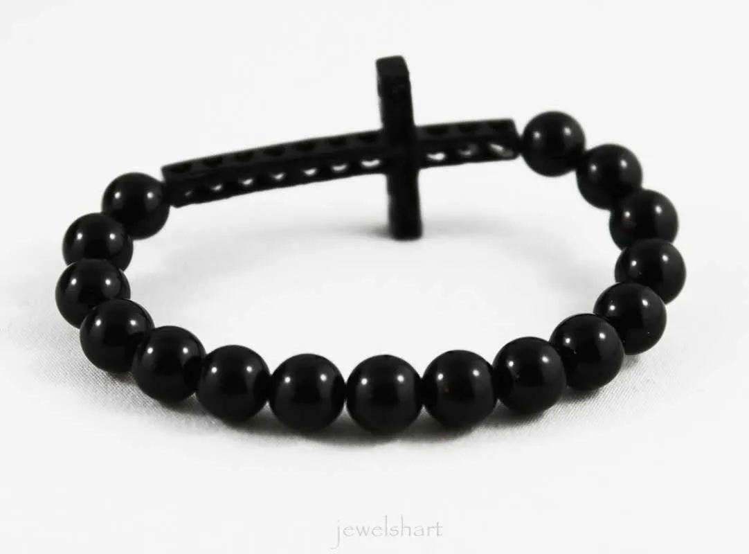 Unisex Spiritual Black Onyx Sideways Cross Bracelet