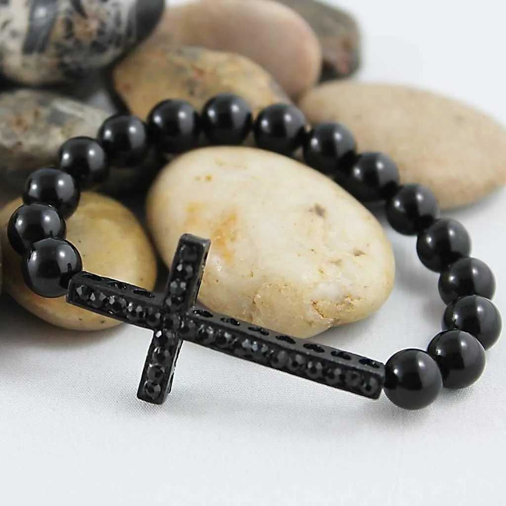 Unisex Spiritual Black Onyx Sideways Cross Bracelet