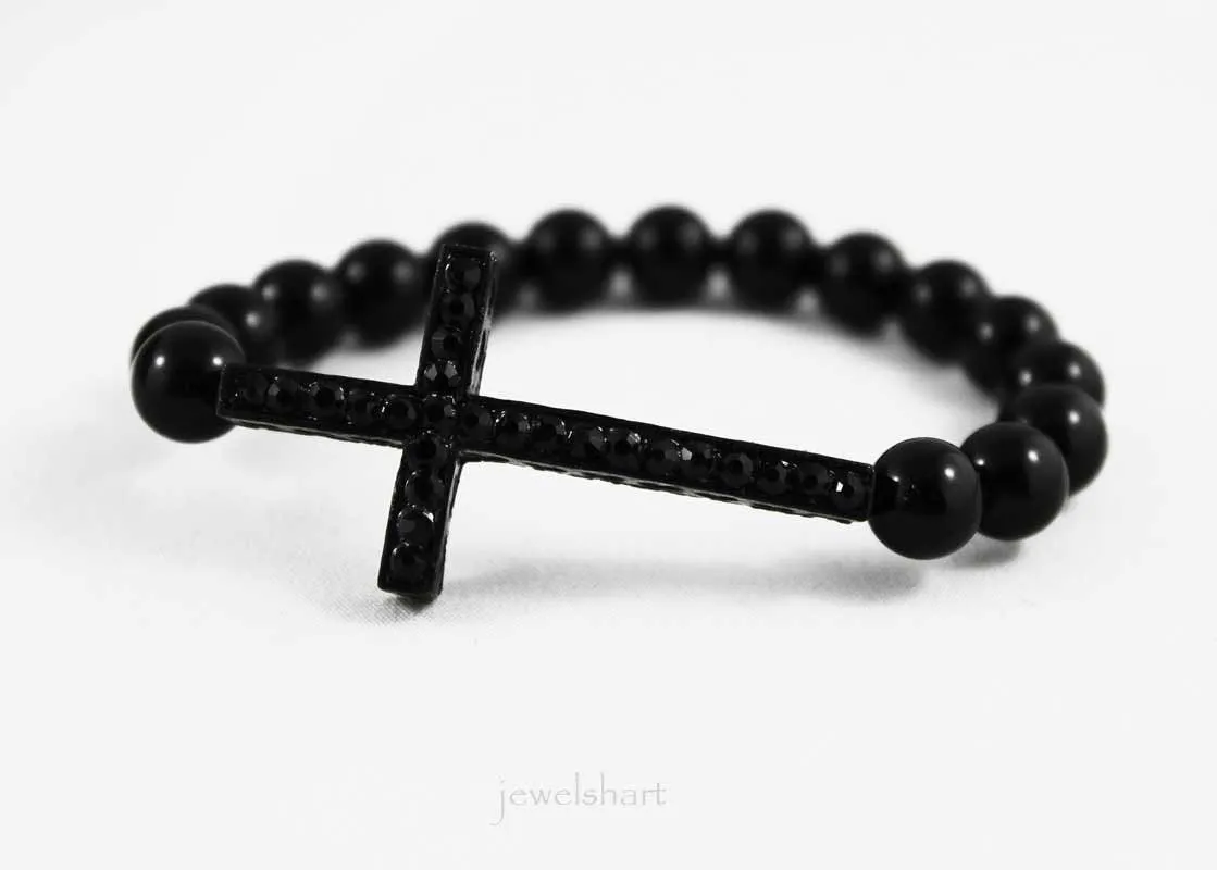 Unisex Spiritual Black Onyx Sideways Cross Bracelet