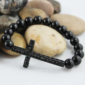 Unisex Spiritual Black Onyx Sideways Cross Bracelet