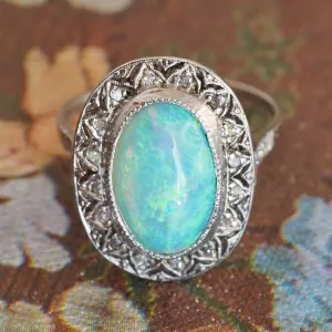 Vintage Art Deco Style Platinum Opal and Diamond Halo Ring
