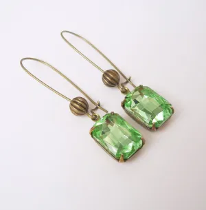 Vintage Peridot Faceted Crystal in Antiqued Brass Prong Setting Earrings