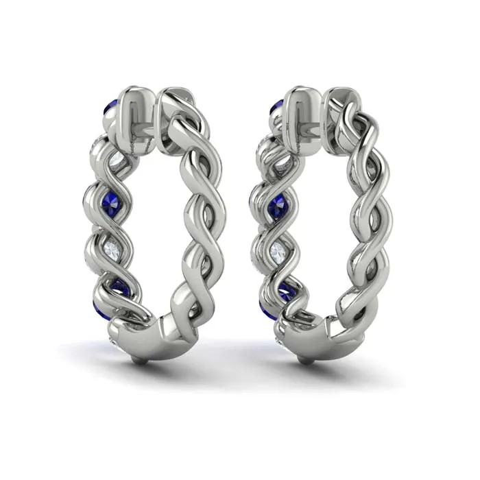 Vlora Diamond and Blue Sapphire Twist Hoop Huggie Earrings in 14K White Gold